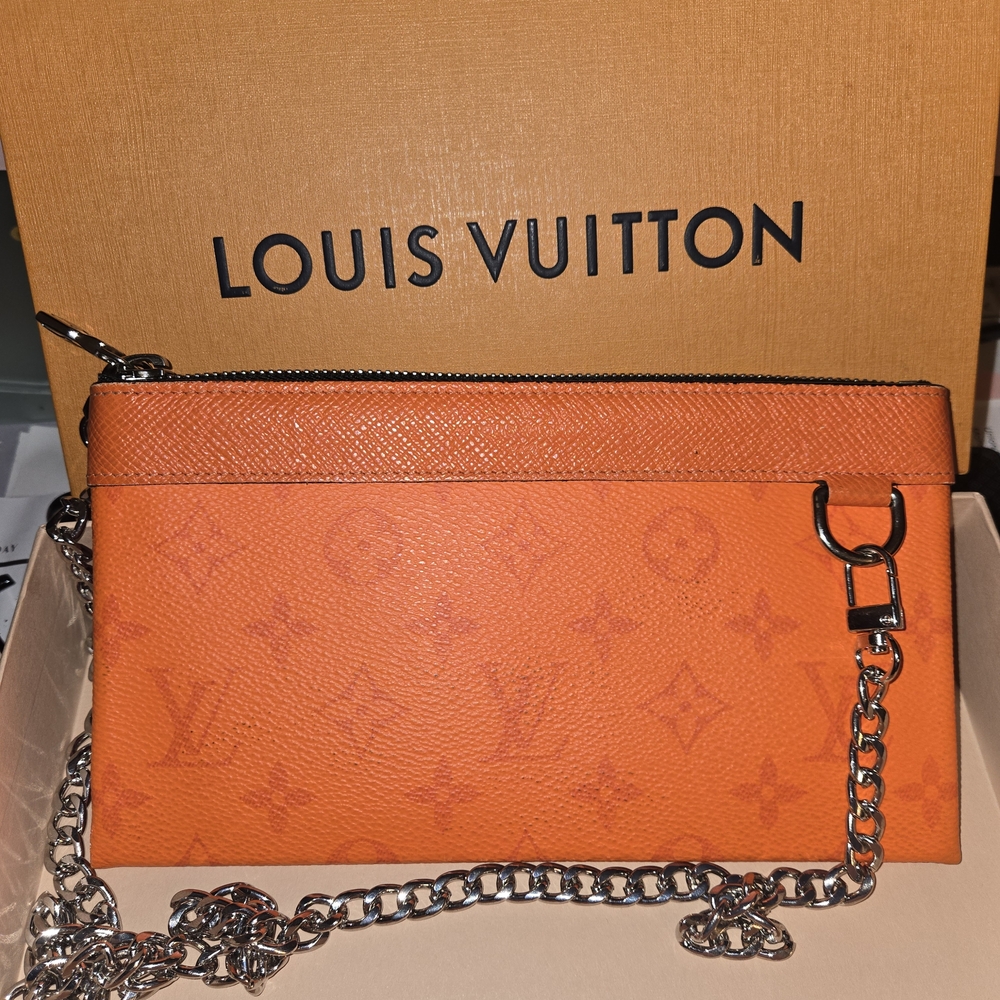 Louis Vuitton Vibrant Orange Clutch with Silver Chain